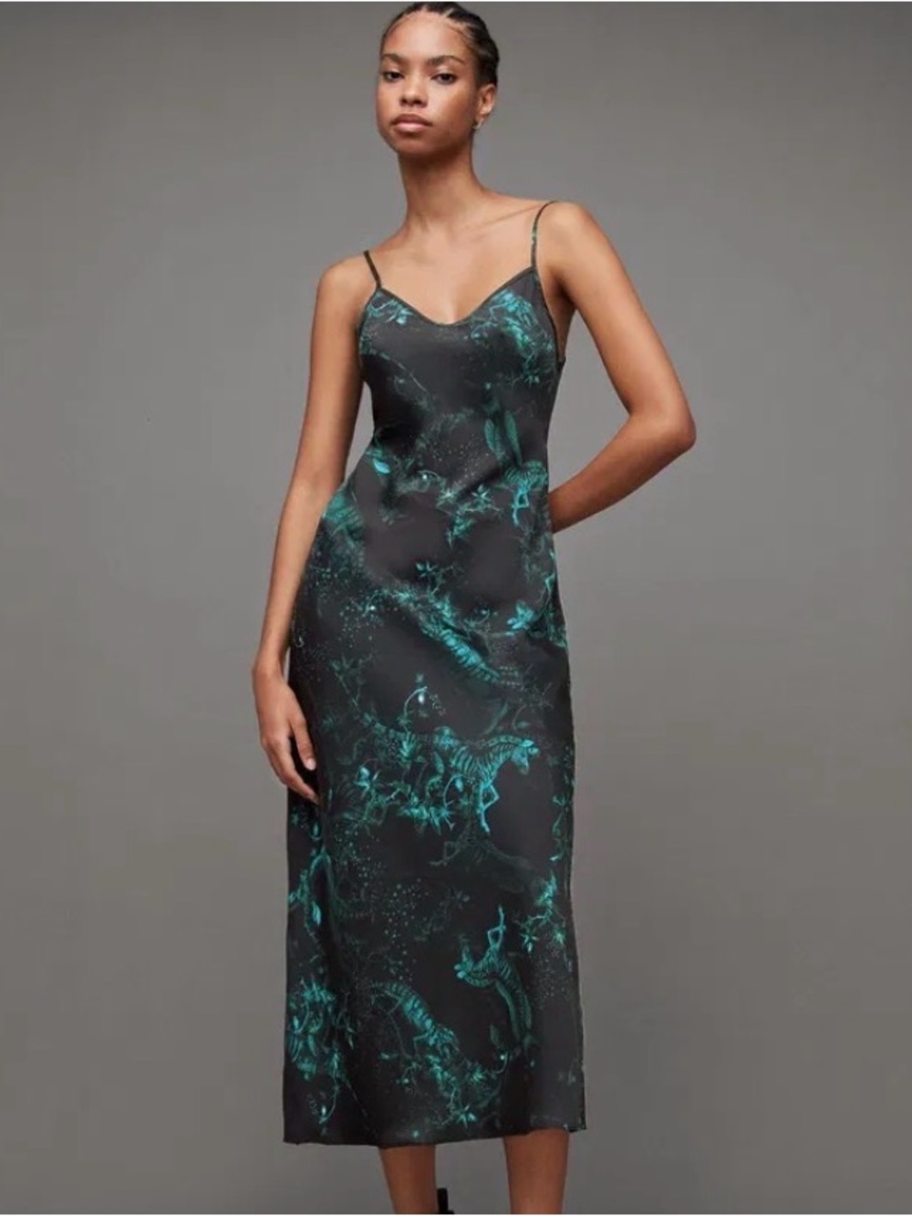 All Saints Black Slip Dress with Teal Botanical & Animal Print
